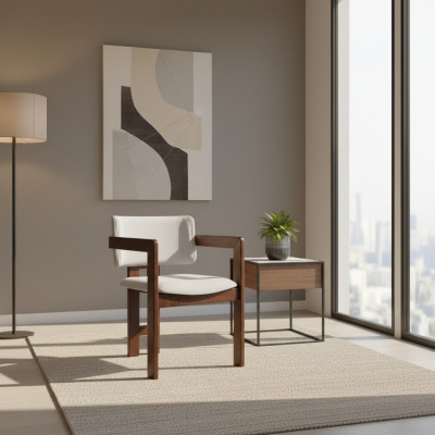 Silla de comedor marrón y blanca, silla tapizada de diseño moderno, sillón individual.