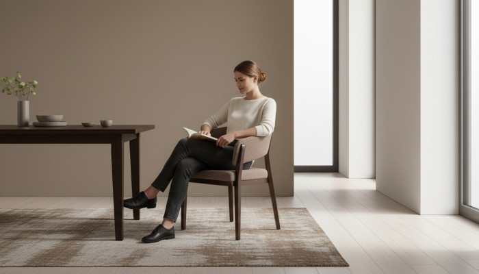 Silla de comedor marrón moderna. Sillas tapizadas de lujo con estructura de madera.