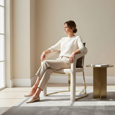 Silla de diseñador beige de lujo con marco de madera silla de madera de diseñador para comedor.