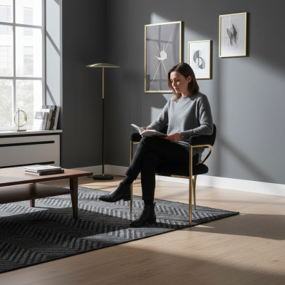 Silla de acero inoxidable negro con estructura de madera. Sillas de comedor modernas de una plaza.