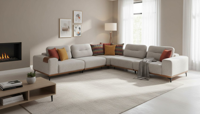 Sofá esquinero blanco moderno en forma de L Sofá de sala de estar Sofás tapizados Estructura de madera
