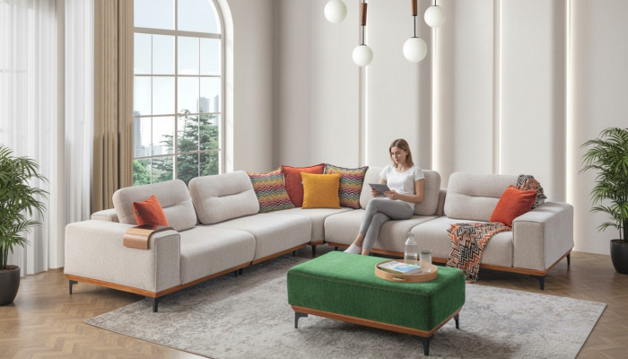 Designer Living Room Set consta de un sofá de esquina en forma de L de 2 piezas y un taburete.
