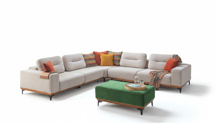 Designer Living Room Set consta de un sofá de esquina en forma de L de 2 piezas y un taburete.