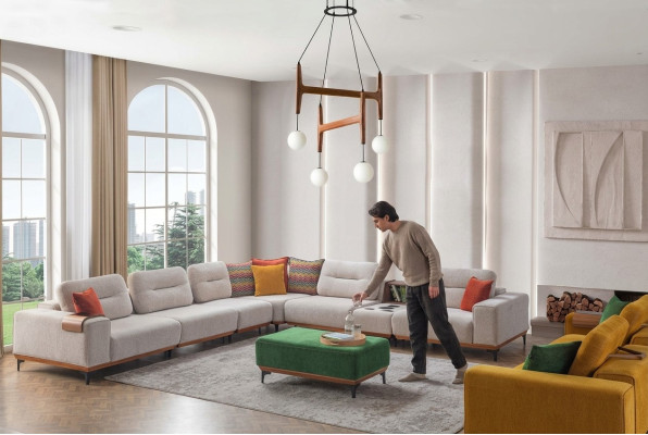 Sofá de esquina de lujo para sala de estar con diseño, forma de L, cojín para sofá, taburete acolchado 2 piezas nuevo.