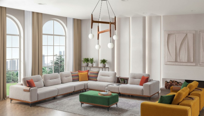 Sofá de esquina de lujo para sala de estar con diseño, forma de L, cojín para sofá, taburete acolchado 2 piezas nuevo.