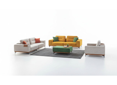 Gran conjunto de sala de estar: 3 sofás de tela, taburete acolchado y 3 mesas auxiliares.