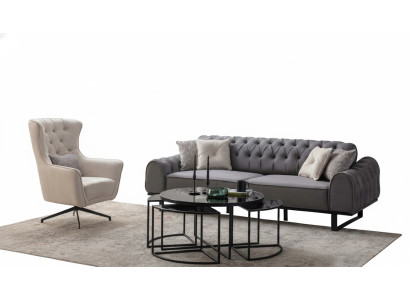Sofá de tres plazas Chesterfield gris, silla blanca de lujo con cojines, juego de 2 piezas.