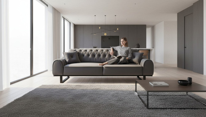 Sofá de diseñador de tres plazas Chesterfield gris elegante.