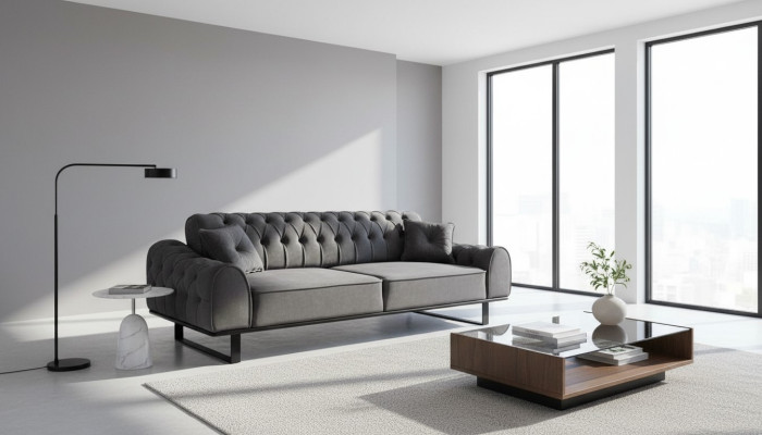Sofá de diseñador de tres plazas Chesterfield gris elegante.
