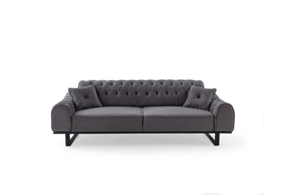 Sofá de diseñador de tres plazas Chesterfield gris elegante.