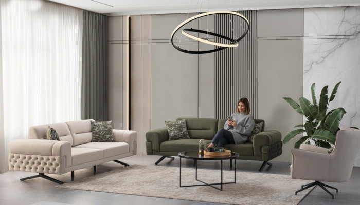 Salón verde oscuro Conjunto exclusivo de sofás 2 de tres plazas y 1 de una plaza
