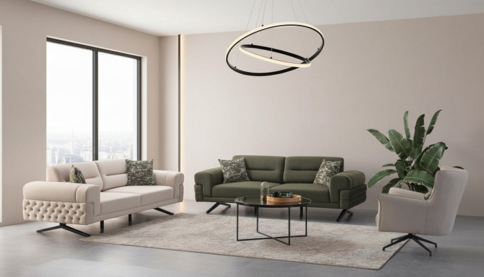 Salón verde oscuro Conjunto exclusivo de sofás 2 de tres plazas y 1 de una plaza