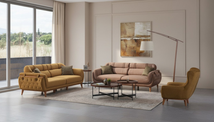 Conjunto de salón Chesterfield, sofás 2x3 plazas, sillón, muebles.