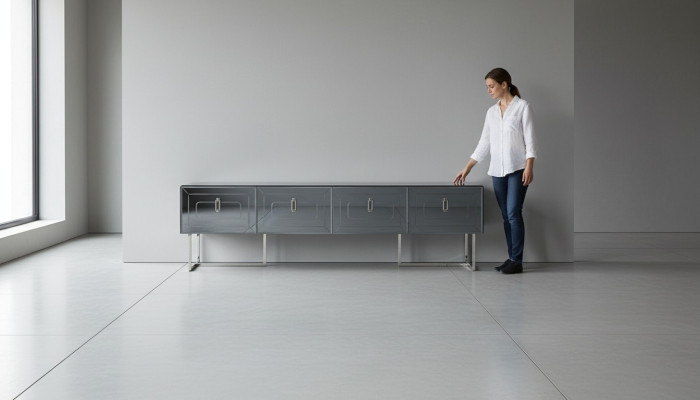 Mueble de TV gris exclusivo con armario de vidrio para salón de estar de 4 puertas