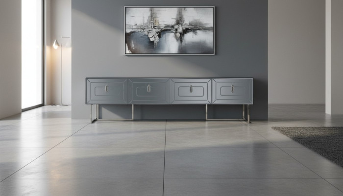 Mueble de TV gris exclusivo con armario de vidrio para salón de estar de 4 puertas