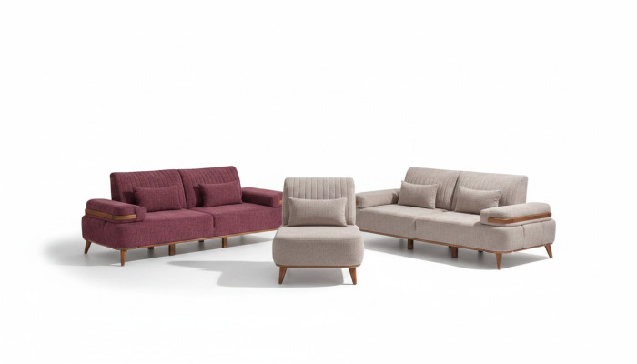 Conjunto de sofá en color beige-rosa. Sofá exclusivo de tres plazas con tapizado.