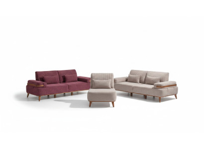 Conjunto de sofá en color beige-rosa. Sofá exclusivo de tres plazas con tapizado.