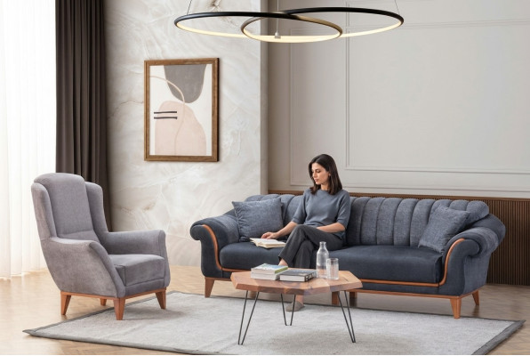 Sofá de sala de estar azul-gris elegante conjunto de asientos lujoso de 3 plazas Sillón 2 piezas