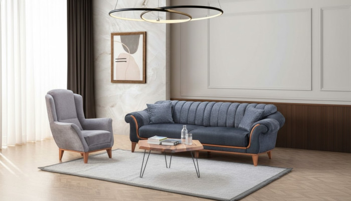 Sofá de sala de estar azul-gris elegante conjunto de asientos lujoso de 3 plazas Sillón 2 piezas