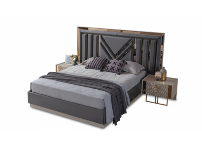 Cama doble de acero inoxidable negro. Muebles exclusivos para dormitorio con mesitas de noche.