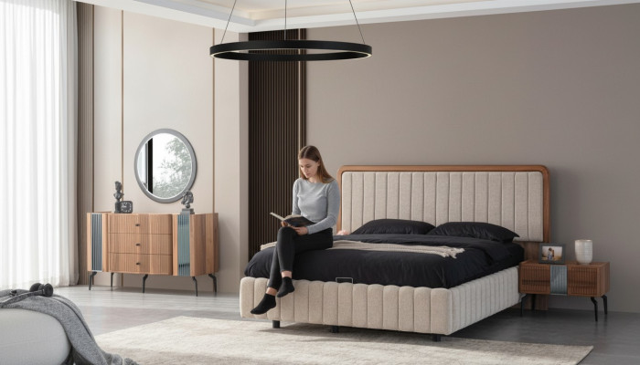 Muebles brillantes para dormitorio cama doble tocador espejo 2 mesitas de noche