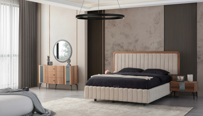 Muebles brillantes para dormitorio cama doble tocador espejo 2 mesitas de noche