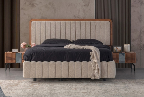 Elegante muebles de dormitorio Cama tapizada de lujo Mesitas de noche de madera.