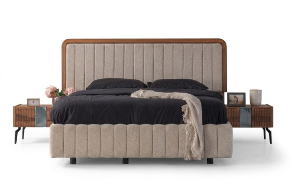 Elegante muebles de dormitorio Cama tapizada de lujo Mesitas de noche de madera.