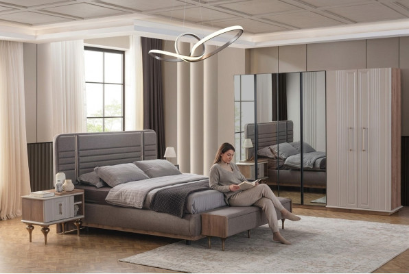 Dormitorio exclusivo Cama Armario de cristal Mesitas de noche de madera Conjunto de lujo de 4 piezas