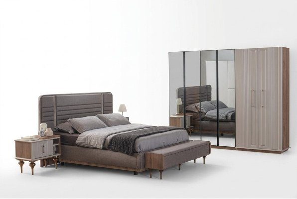 Dormitorio exclusivo Cama Armario de cristal Mesitas de noche de madera Conjunto de lujo de 4 piezas