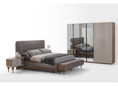 Dormitorio exclusivo Cama Armario de cristal Mesitas de noche de madera Conjunto de lujo de 4 piezas