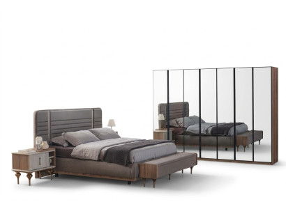 Conjunto de muebles de dormitorio modernos, cama doble, mesitas de noche, armario de vidrio