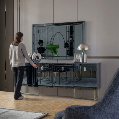 Muebles de comedor grises Espejo de vidrio diseñador Aparador de acero inoxidable de lujo Conjunto