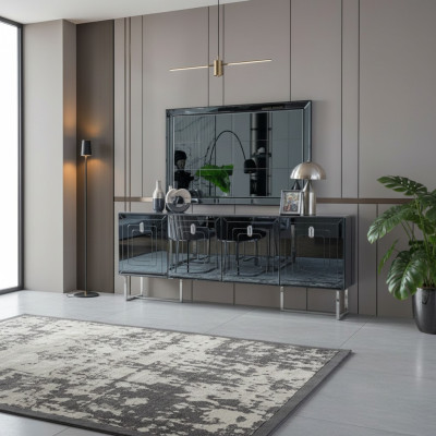 Muebles de comedor grises Espejo de vidrio diseñador Aparador de acero inoxidable de lujo Conjunto