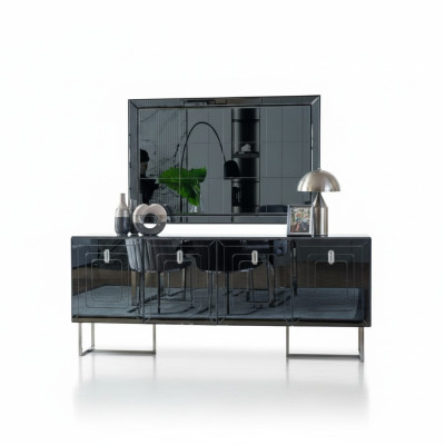 Muebles de comedor grises Espejo de vidrio diseñador Aparador de acero inoxidable de lujo Conjunto