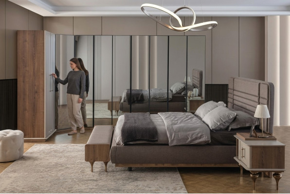 Juego de dormitorio de diseñador: cama doble, 2 mesitas de noche, armario de esquina (4 piezas)