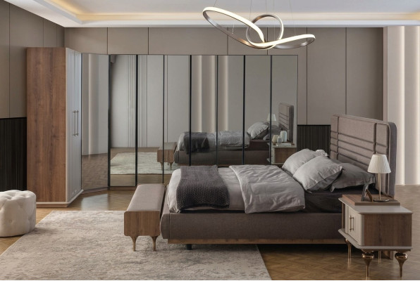 Juego de dormitorio de diseñador: cama doble, 2 mesitas de noche, armario de esquina (4 piezas)
