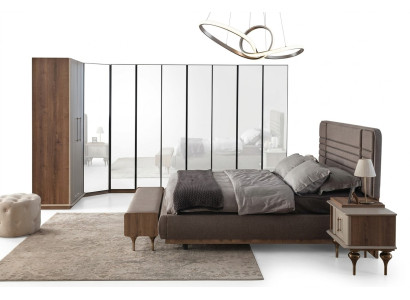Juego de dormitorio de diseñador: cama doble, 2 mesitas de noche, armario de esquina (4 piezas)