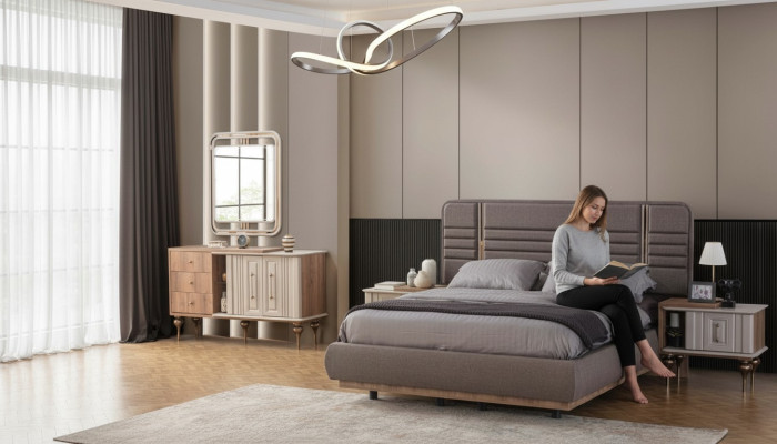 Juego de dormitorio noble Cama tapizada Mesitas de noche Tocador Espejo