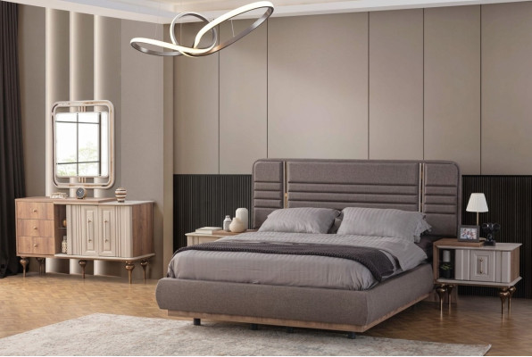 Juego de dormitorio noble Cama tapizada Mesitas de noche Tocador Espejo
