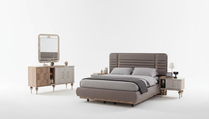 Juego de dormitorio noble Cama tapizada Mesitas de noche Tocador Espejo