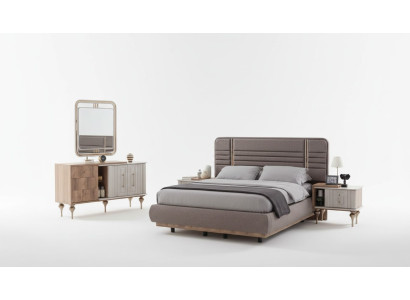Juego de dormitorio noble Cama tapizada Mesitas de noche Tocador Espejo