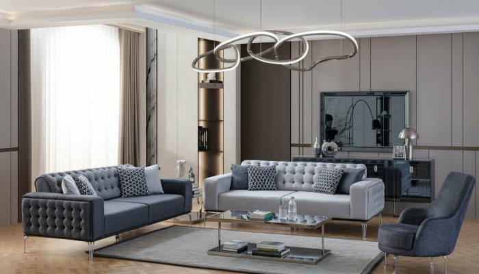 Conjunto de sofás Chesterfield gris para sala de estar, sofá de tres plazas + sillón.
