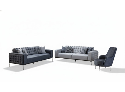 Conjunto de sofás Chesterfield gris para sala de estar, sofá de tres plazas + sillón.