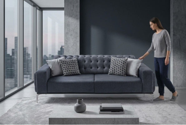 Sofá Chesterfield gris de 3 plazas para salón, nuevo.