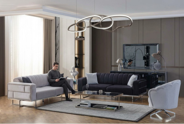 Sofás de sala de estar grises Diseñador Tapizados Sofá de tres plazas Sillón textil de 3 piezas