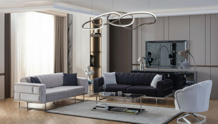 Sofás de sala de estar grises Diseñador Tapizados Sofá de tres plazas Sillón textil de 3 piezas