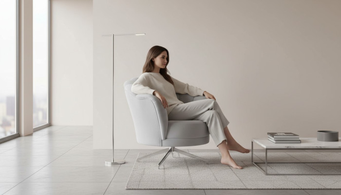 Sillón gris de diseñador para salón, de una sola plaza, elegante, de lujo, con patas de acero inoxidable.