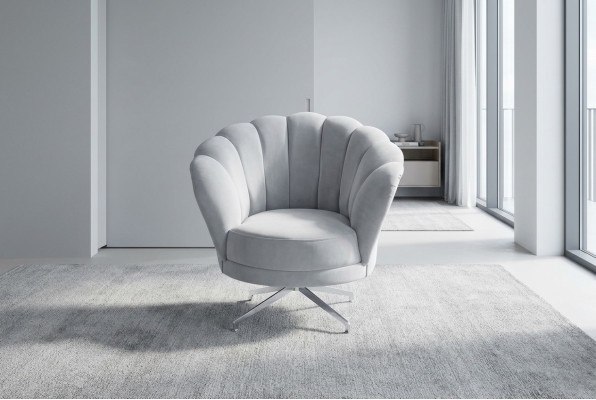 Sillón gris de diseñador para salón, de una sola plaza, elegante, de lujo, con patas de acero inoxidable.
