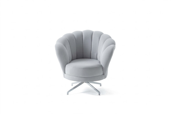 Sillón gris de diseñador para salón, de una sola plaza, elegante, de lujo, con patas de acero inoxidable.
